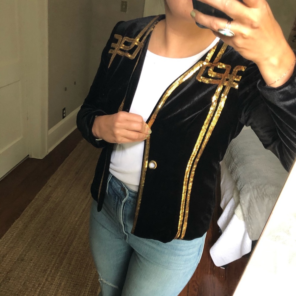 Vintage black velvet & gold sequin blazer coat